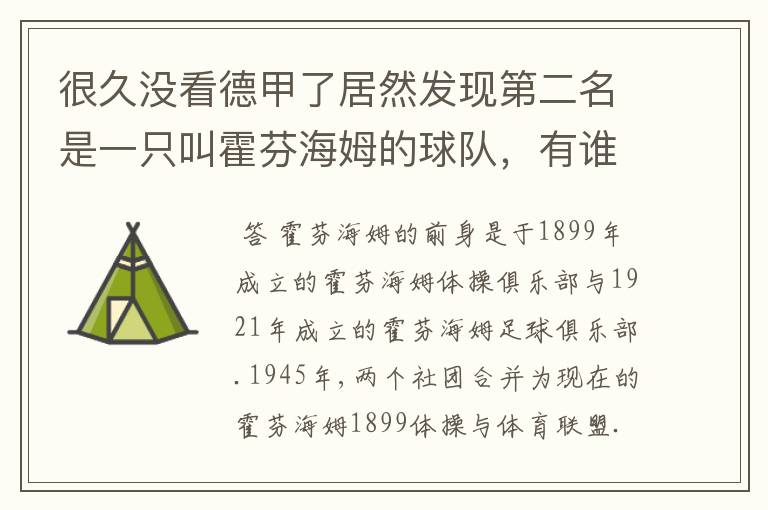 很久没看德甲了居然发现第二名是一只叫霍芬海姆的球队，有谁知道吗