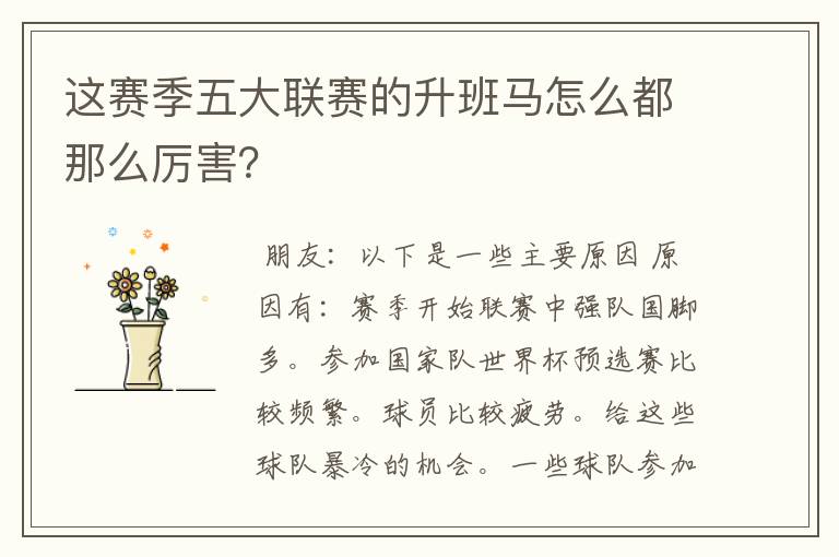 这赛季五大联赛的升班马怎么都那么厉害?