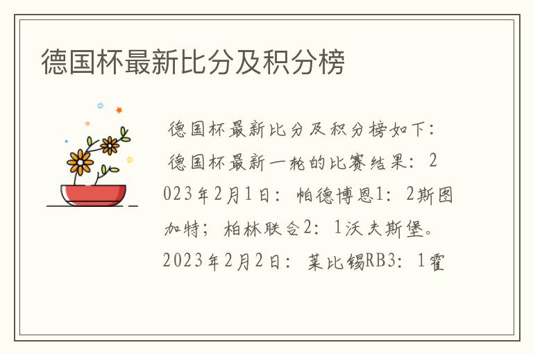 德国杯最新比分及积分榜
