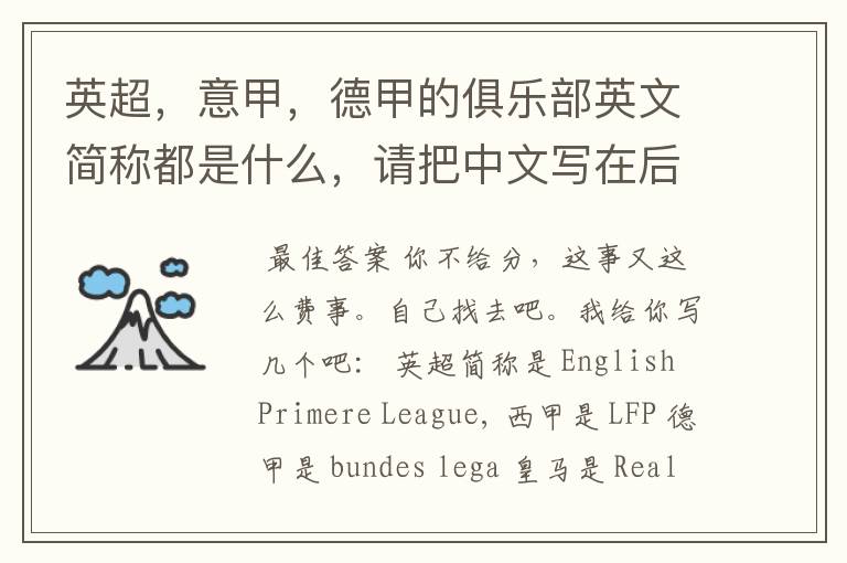 英超,意甲,德甲的俱乐部英文简称都是什么,请把中文写在后面