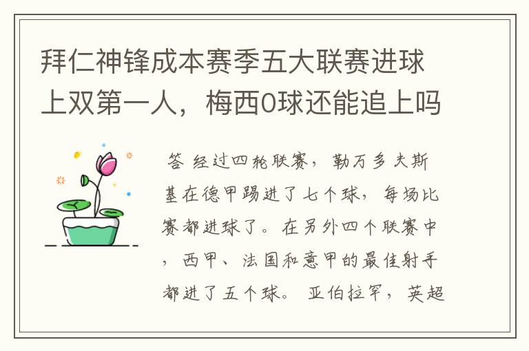 拜仁神锋成本赛季五大联赛进球上双第一人,梅西0球还能追上吗?