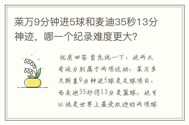 莱万9分钟进5球和麦迪35秒13分神迹,哪一个纪录难度更大?