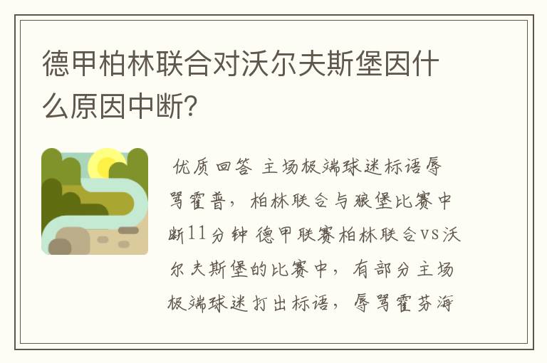 德甲柏林联合对沃尔夫斯堡因什么原因中断?