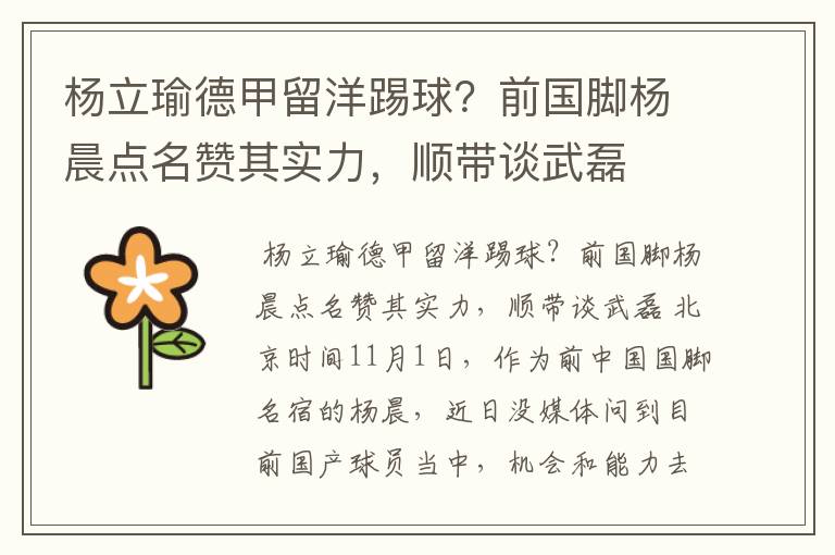 杨立瑜德甲留洋踢球?前国脚杨晨点名赞其实力,顺带谈武磊