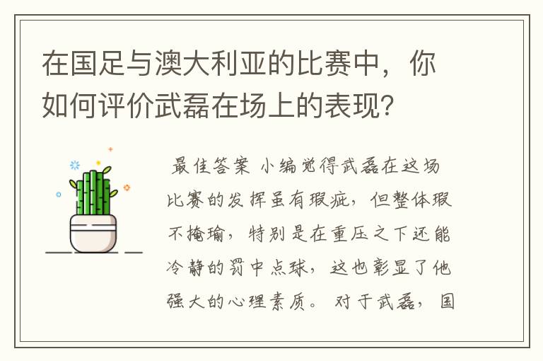 在国足与澳大利亚的比赛中,你如何评价武磊在场上的表现?