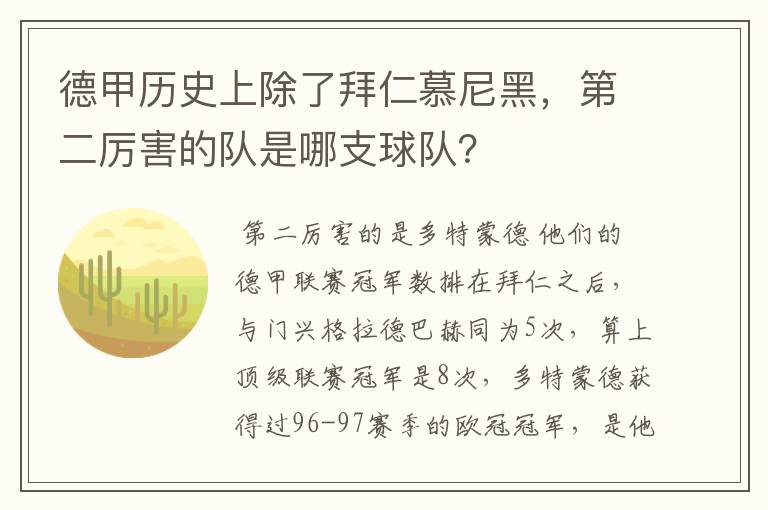 德甲历史上除了拜仁慕尼黑,第二厉害的队是哪支球队?