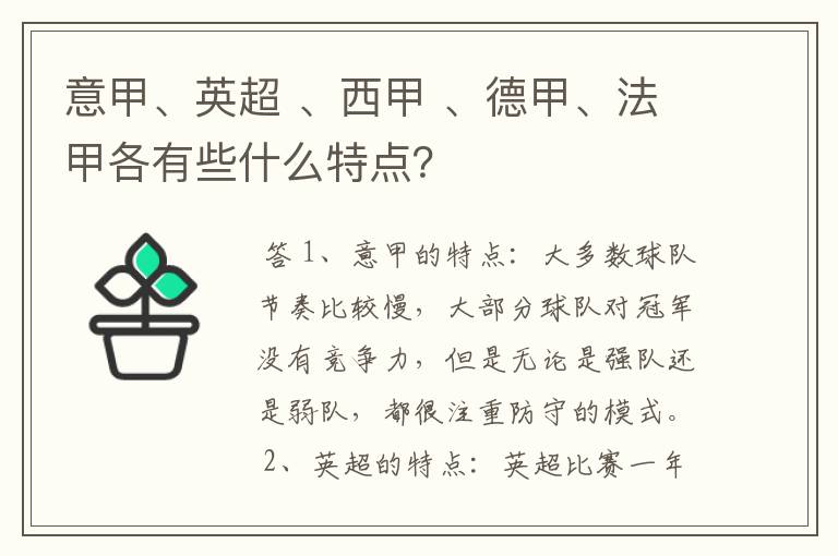 意甲、英超 、西甲 、德甲、法甲各有些什么特点?
