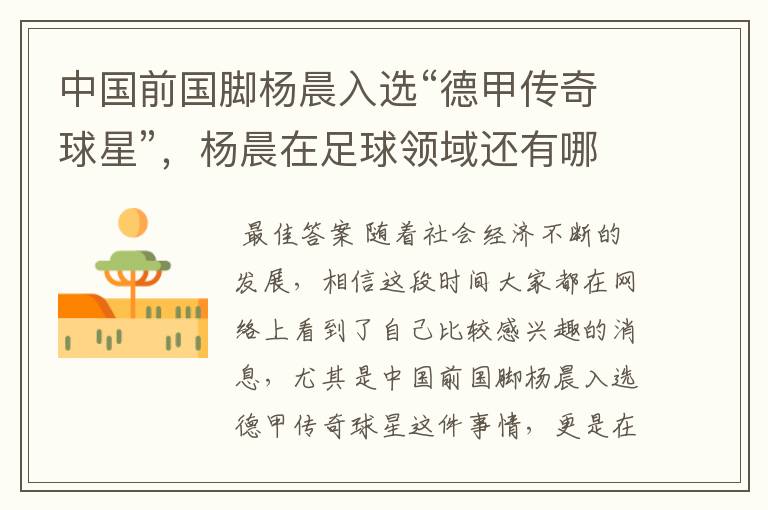 中国前国脚杨晨入选“德甲传奇球星”，杨晨在足球领域还有哪些成就？
