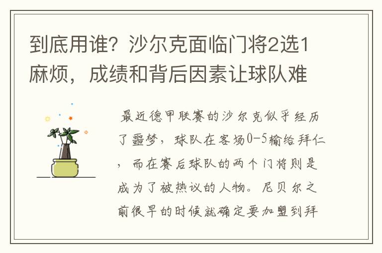 到底用谁?沙尔克面临门将2选1麻烦,成绩和背后因素让球队难办