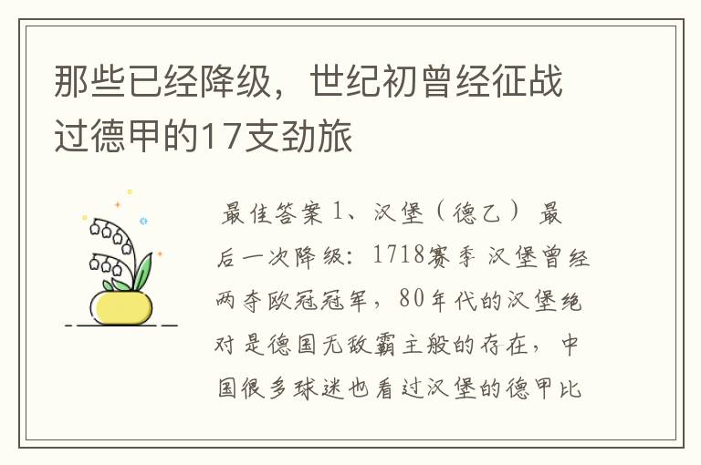 那些已经降级,世纪初曾经征战过德甲的17支劲旅