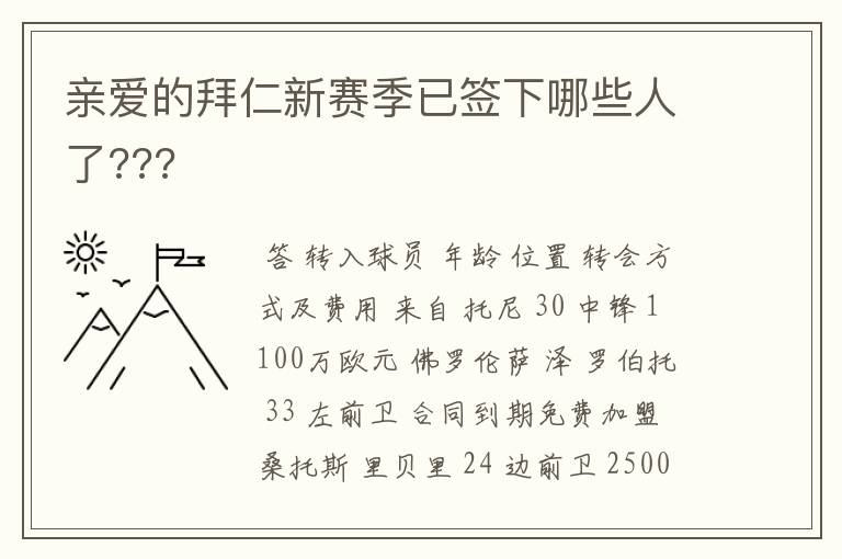 亲爱的拜仁新赛季已签下哪些人了???