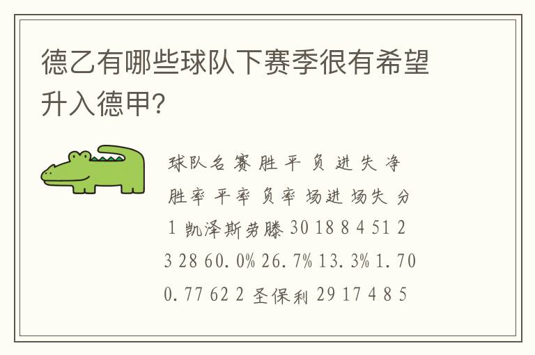 德乙有哪些球队下赛季很有希望升入德甲?