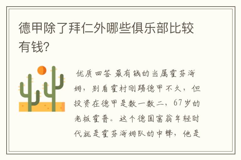 德甲除了拜仁外哪些俱乐部比较有钱?