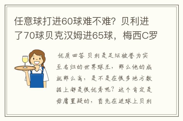 任意球打进60球难不难?贝利进了70球贝克汉姆进65球,梅西C罗呢