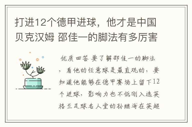 打进12个德甲进球,他才是中国贝克汉姆 邵佳一的脚法有多厉害