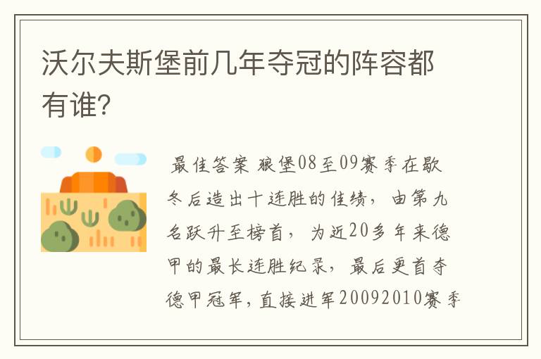 沃尔夫斯堡前几年夺冠的阵容都有谁?