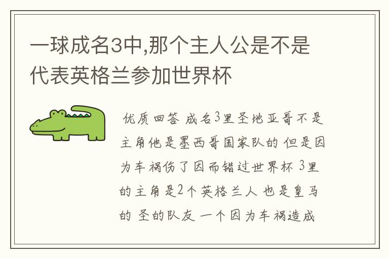 一球成名3中,那个主人公是不是代表英格兰参加世界杯