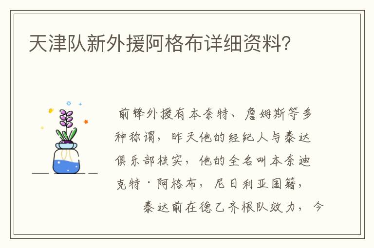 天津队新外援阿格布详细资料?