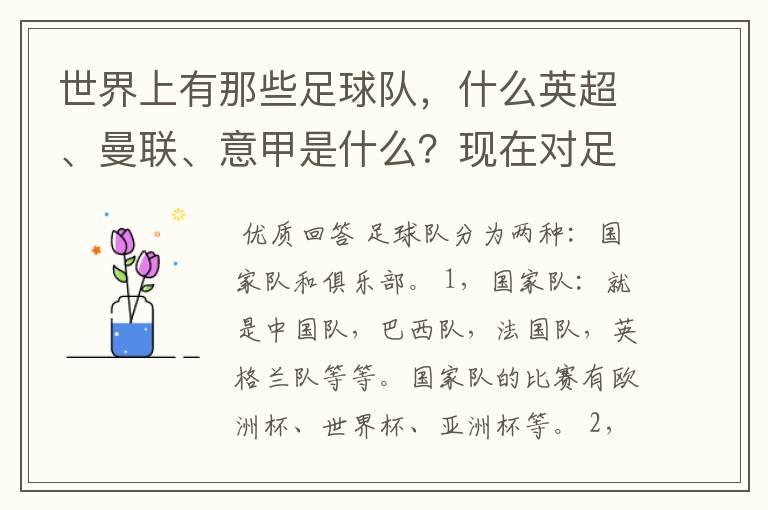 世界上有那些足球队,什么英超、曼联、意甲是什么?现在对足球有点感兴趣,但又不了解,希望有位好心的.