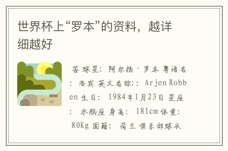 世界杯上“罗本”的资料,越详细越好