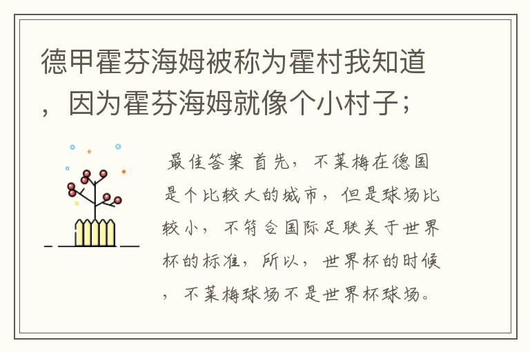 德甲霍芬海姆被称为霍村我知道,因为霍芬海姆就像个小村子;那不莱梅为什么叫梅村?不莱梅不是城市吗?