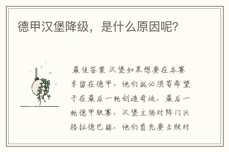 德甲汉堡降级,是什么原因呢?