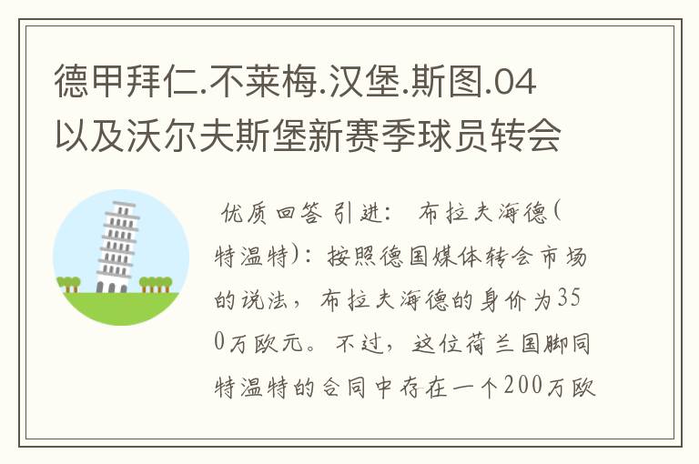德甲拜仁.不莱梅.汉堡.斯图.04以及沃尔夫斯堡新赛季球员转会一览