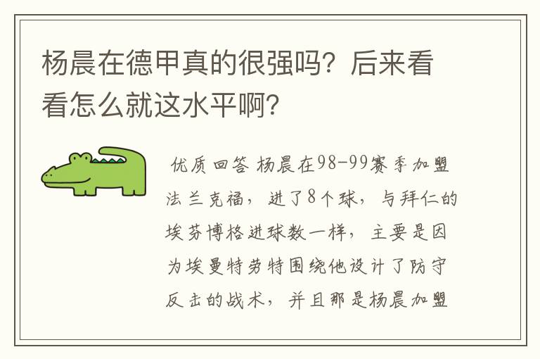 杨晨在德甲真的很强吗?后来看看怎么就这水平啊?