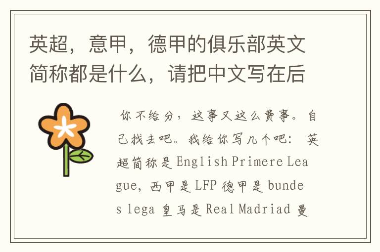 英超,意甲,德甲的俱乐部英文简称都是什么,请把中文写在后面