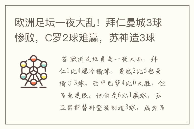 欧洲足坛一夜大乱!拜仁曼城3球惨败,C罗2球难赢,苏神造3球