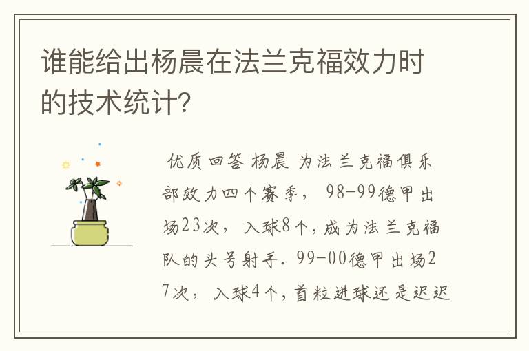 谁能给出杨晨在法兰克福效力时的技术统计?