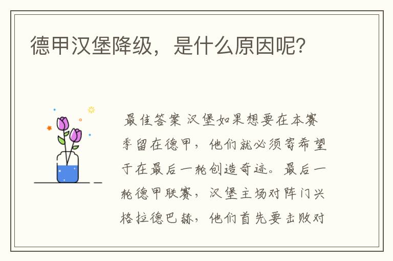 德甲汉堡降级,是什么原因呢?