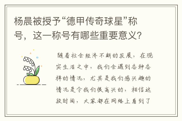 杨晨被授予“德甲传奇球星”称号,这一称号有哪些重要意义?