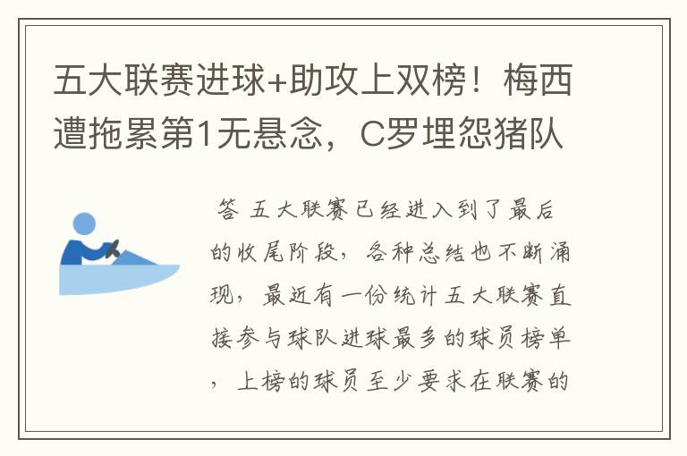 五大联赛进球+助攻上双榜!梅西遭拖累第1无悬念,C罗埋怨猪队友