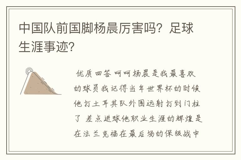 中国队前国脚杨晨厉害吗?足球生涯事迹?