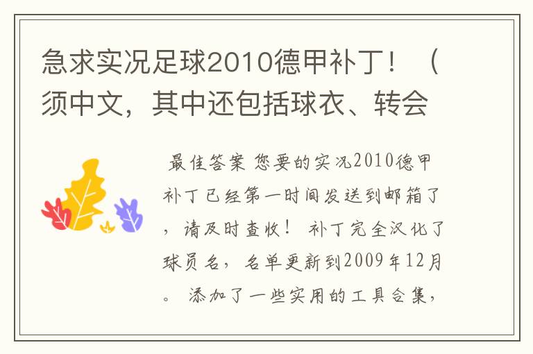 急求实况足球2010德甲补丁!(须中文,其中还包括球衣、转会更新)