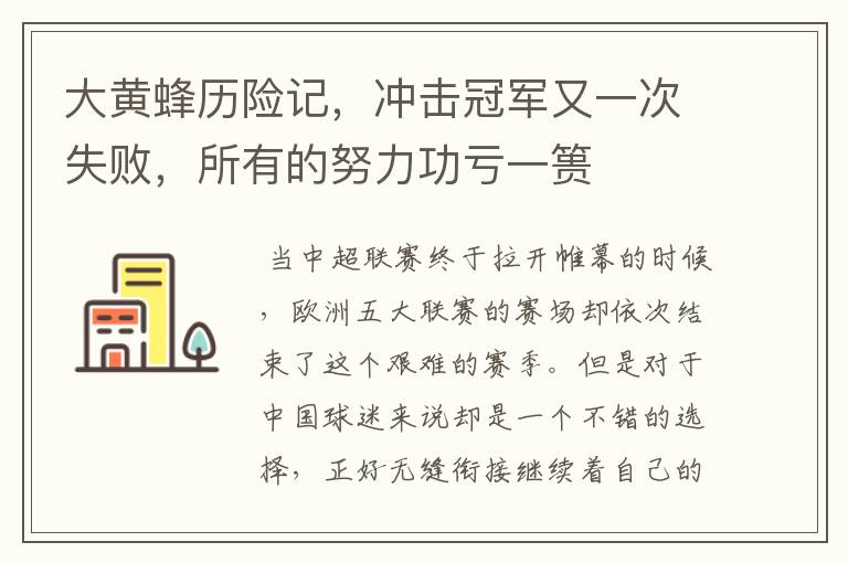 大黄蜂历险记,冲击冠军又一次失败,所有的努力功亏一篑