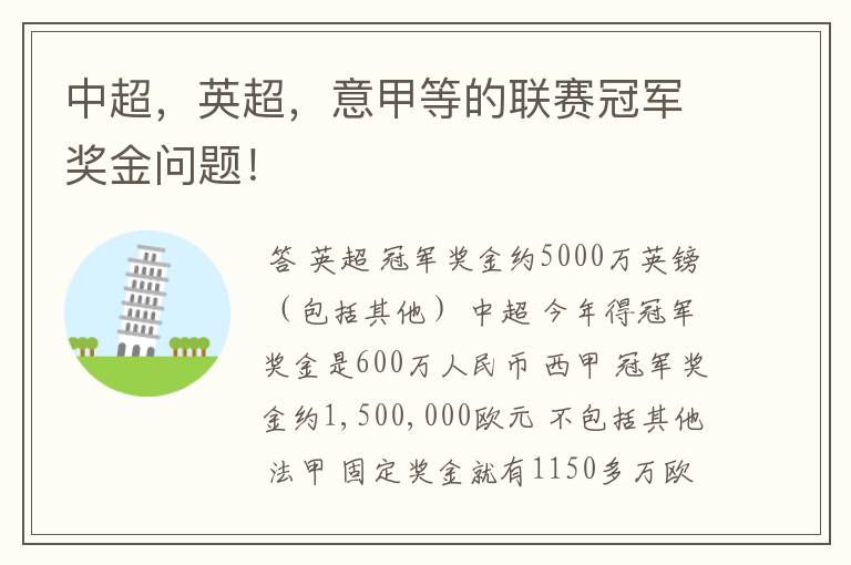 中超,英超,意甲等的联赛冠军奖金问题!