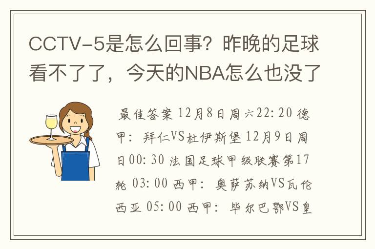 CCTV-5是怎么回事?昨晚的足球看不了了,今天的NBA怎么也没了?