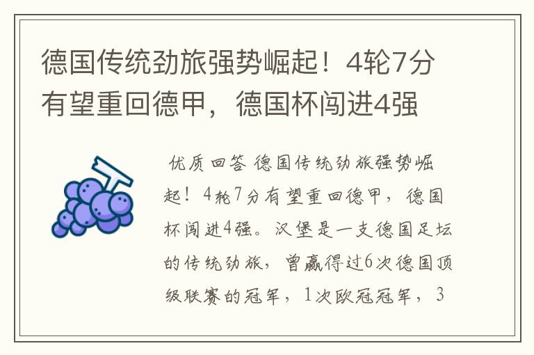德国传统劲旅强势崛起!4轮7分有望重回德甲,德国杯闯进4强