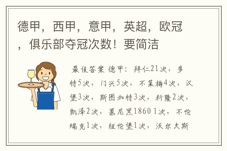 德甲,西甲,意甲,英超,欧冠,俱乐部夺冠次数!要简洁