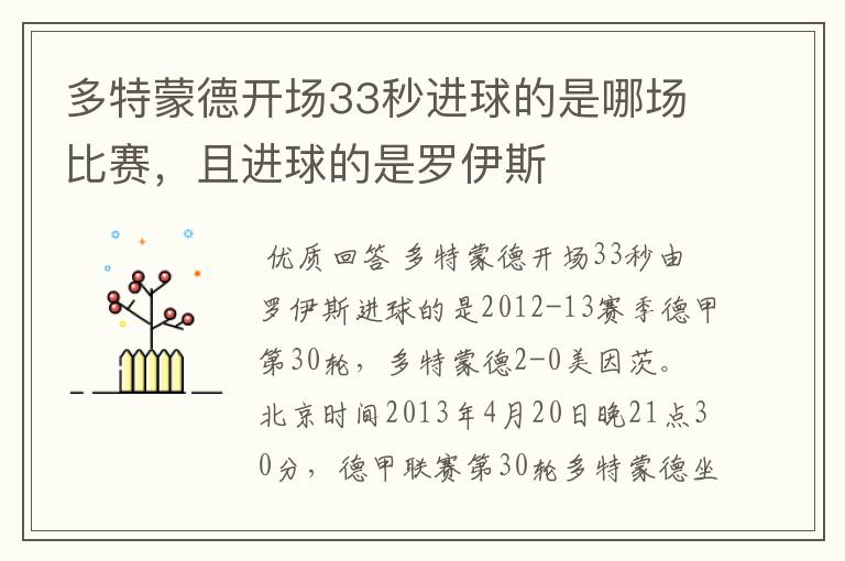 多特蒙德开场33秒进球的是哪场比赛,且进球的是罗伊斯