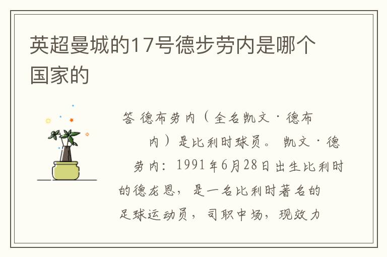 英超曼城的17号德步劳内是哪个国家的