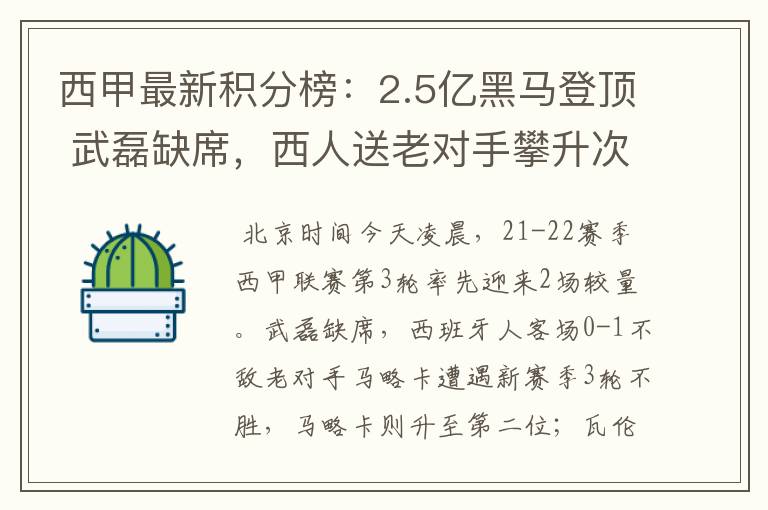 西甲最新积分榜:2.5亿黑马登顶 武磊缺席,西人送老对手攀升次席
