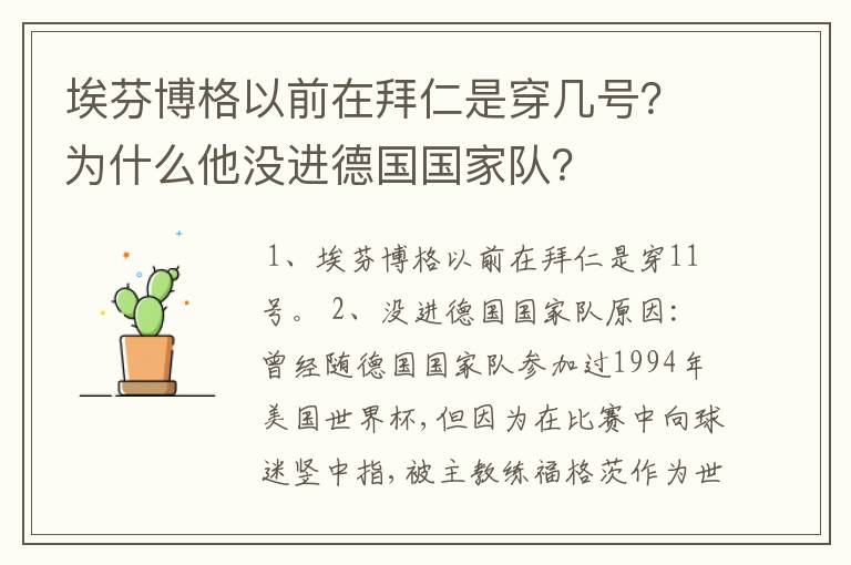 埃芬博格以前在拜仁是穿几号?为什么他没进德国国家队?