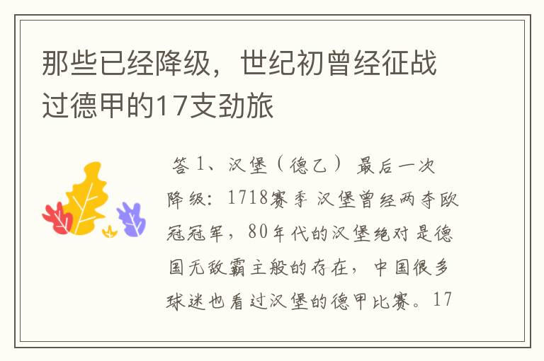 那些已经降级,世纪初曾经征战过德甲的17支劲旅