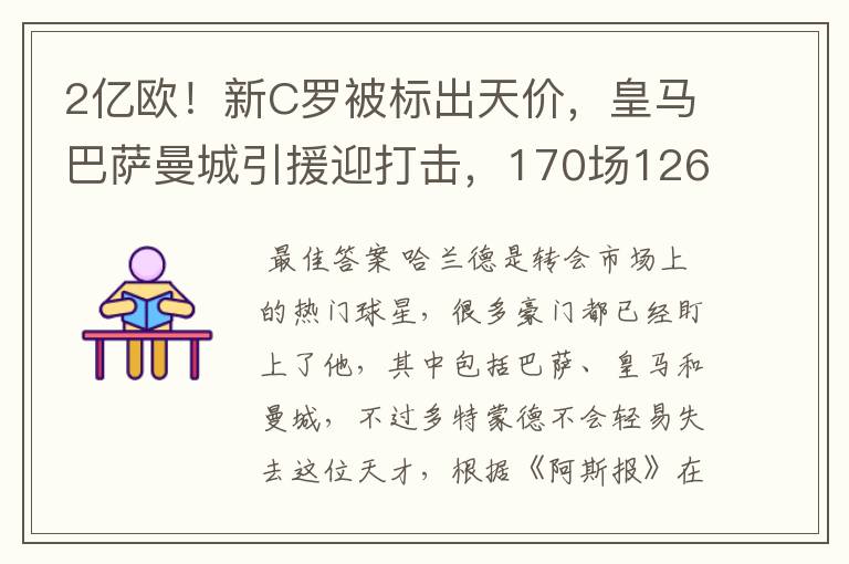 2亿欧!新C罗被标出天价,皇马巴萨曼城引援迎打击,170场126球