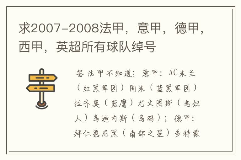 求2007-2008法甲,意甲,德甲,西甲,英超所有球队绰号