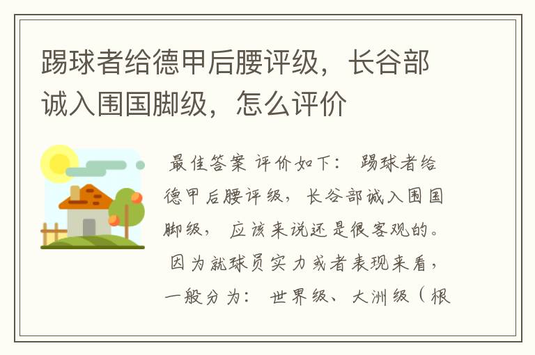 踢球者给德甲后腰评级,长谷部诚入围国脚级,怎么评价