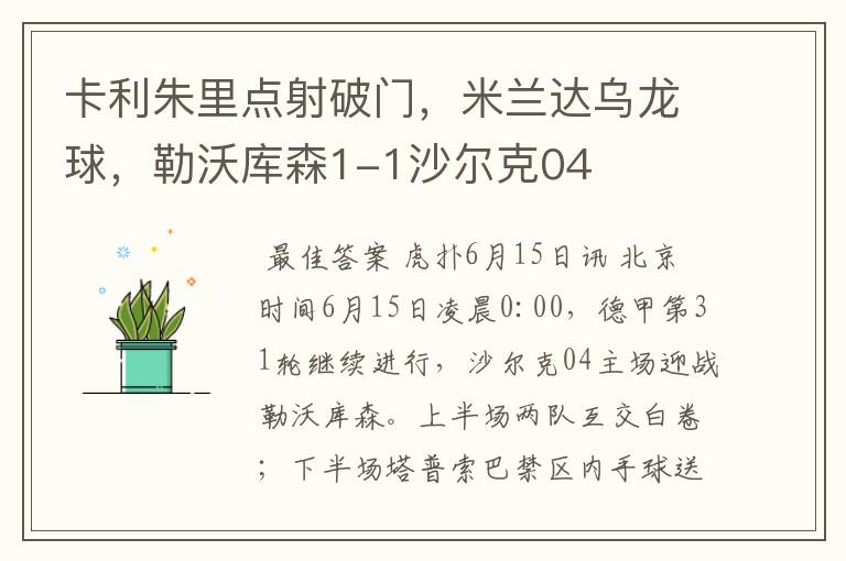 卡利朱里点射破门，米兰达乌龙球，勒沃库森1-1沙尔克04